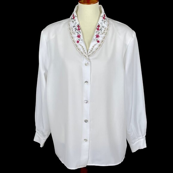 Vtg Lauren Lee Shawl Collar Top Sz 20W Floral Embroidered Feminine Career Modest - Picture 1 of 6